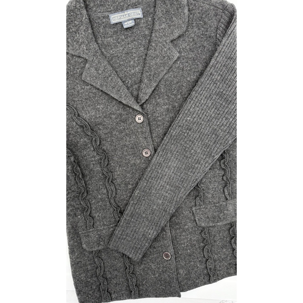 VTG Herman Geist Gray 100% Wool Sweater Jacket with Ruffle Detail Stretch Sz M‎